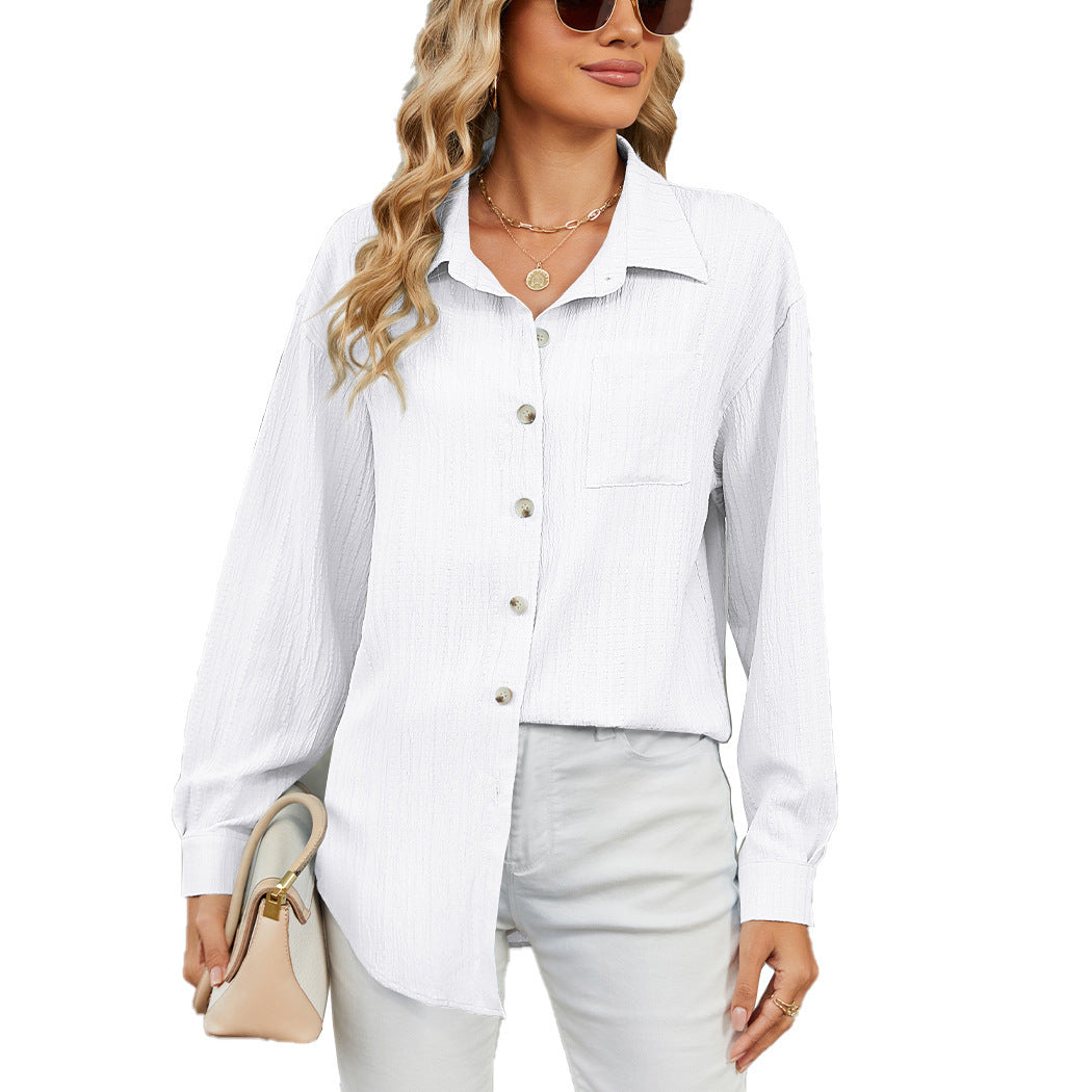 2025 autumn and winter leisure loose long sleeve lapel button solid color shirt Women