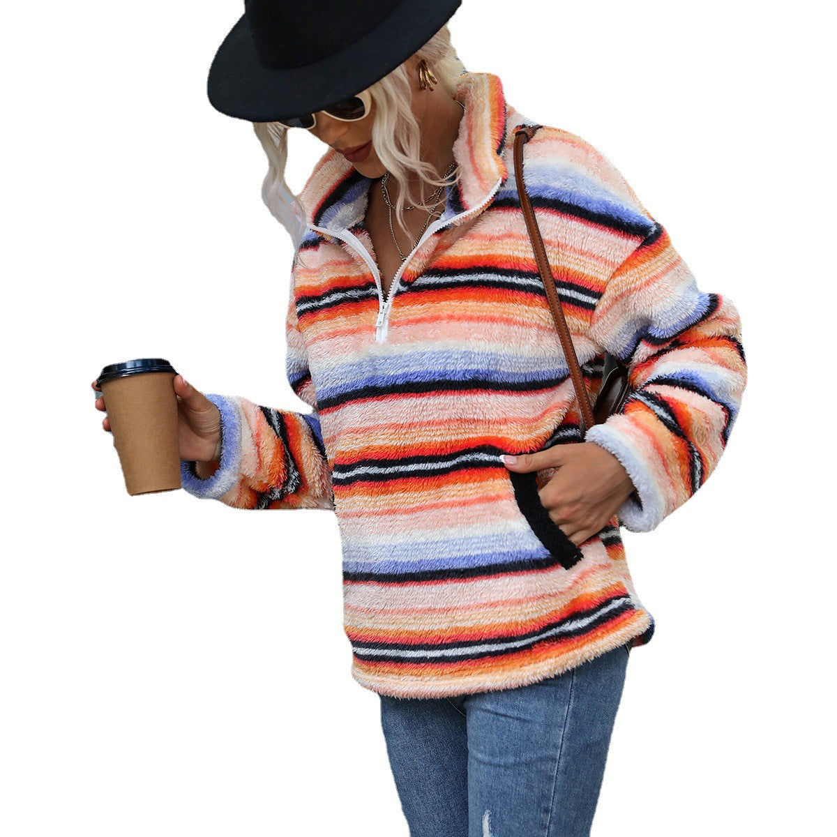 Women's Mid-length lapel long sleeve double-sided velvet striped printed plush pullover sweater