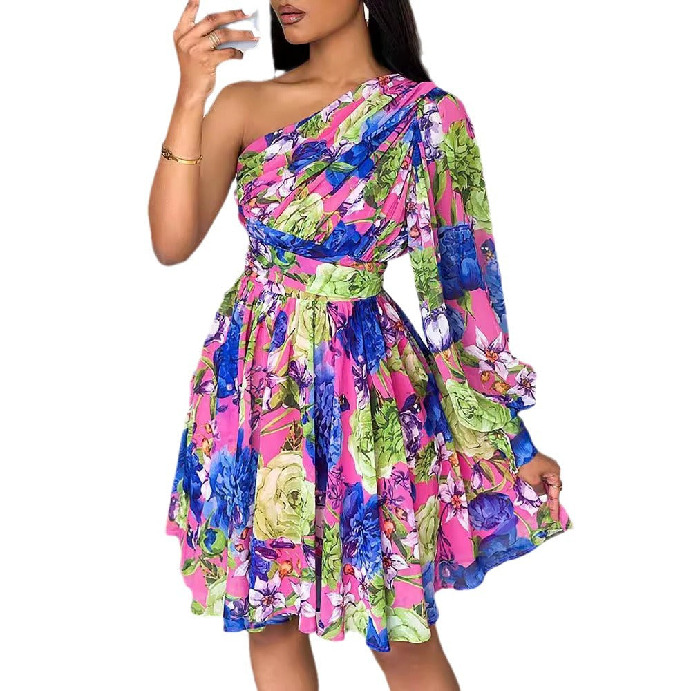 Bohemian print slanted shoulder long-sleeved mid-dress dress