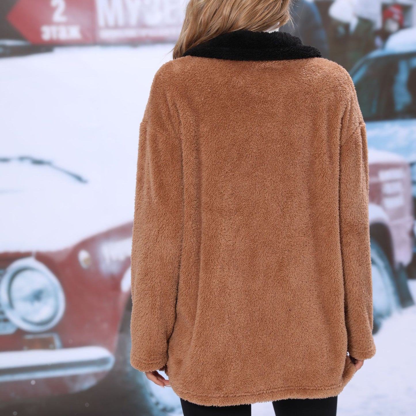 Women's autumn clothing lapel long sleeve color matching double-sided velvet mid-length loose casual jacket