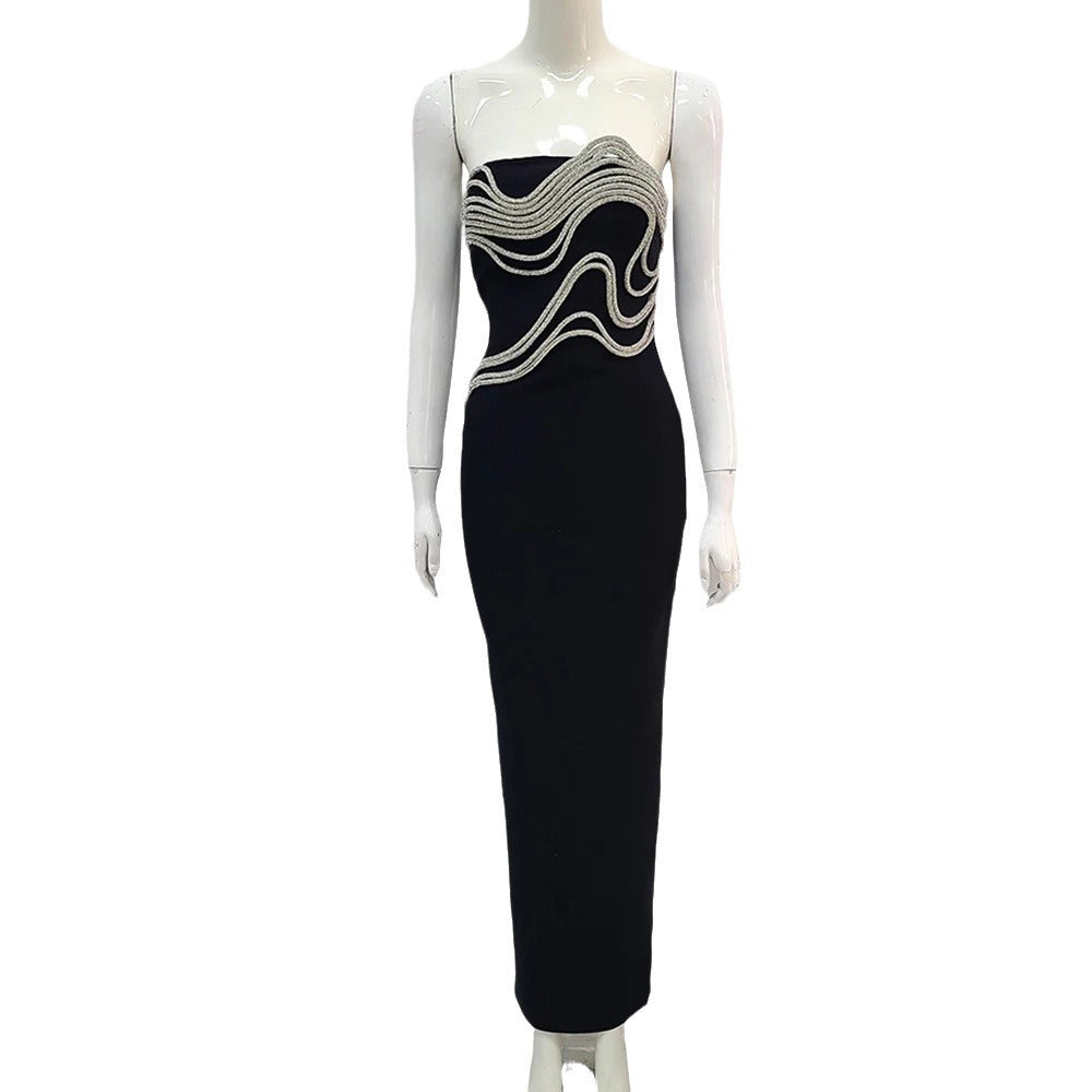 Black Sewed Diamond Casual Banquet Long Bandage Dress