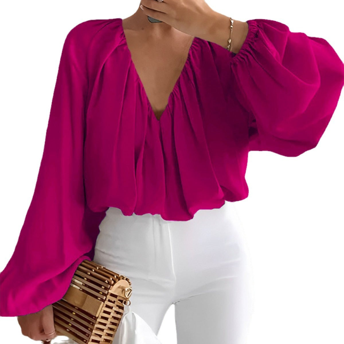 Printed V-neck long sleeve shirt elegant women's loose solid color top