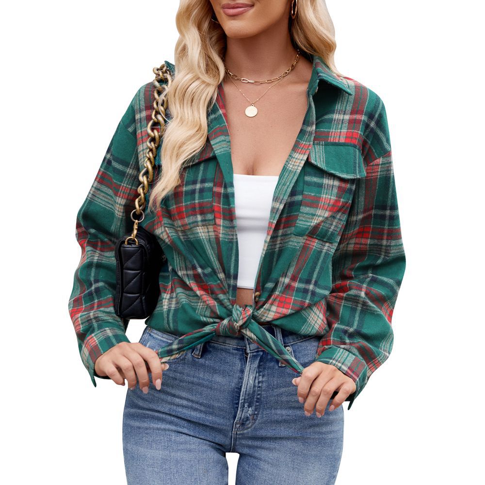 New Casual Fashion Loose Plaid Pocket Shirt Women