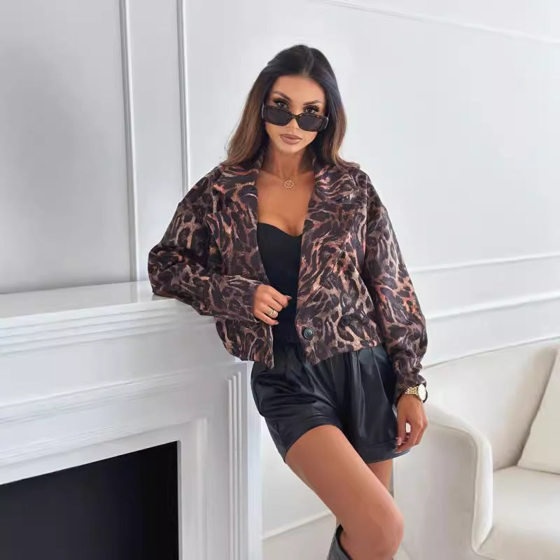 Autumn and Winter slimming versatile long sleeves short leopard print suit jacket for women