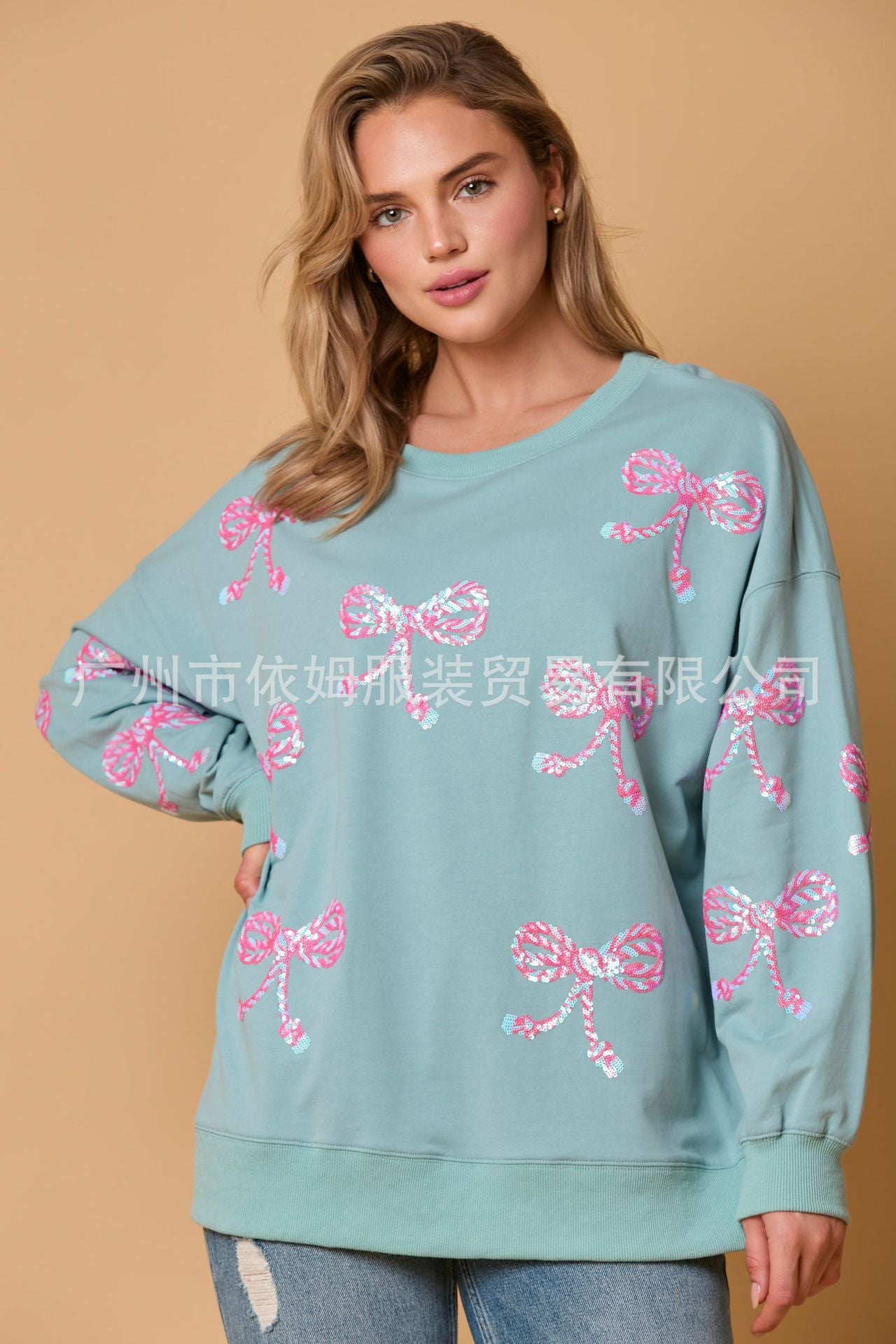 Bow sequined top casual loose long-sleeved sweater women