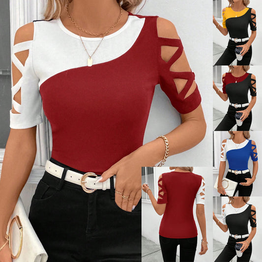 Spring and summer new classic color matching cross shoulder slim top T-shirt women