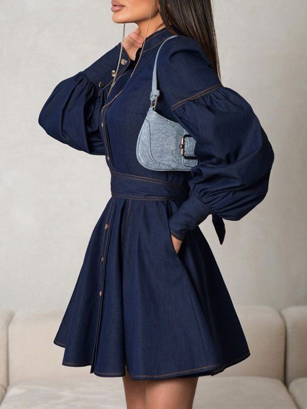 Puff Long Sleeve Mini Denim Dress