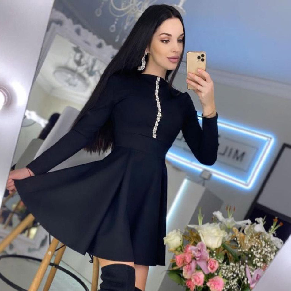 Autumn and winter New Diamond sexy tight bandage dress solid color elastic waist-tightening dress elegant pleated dress