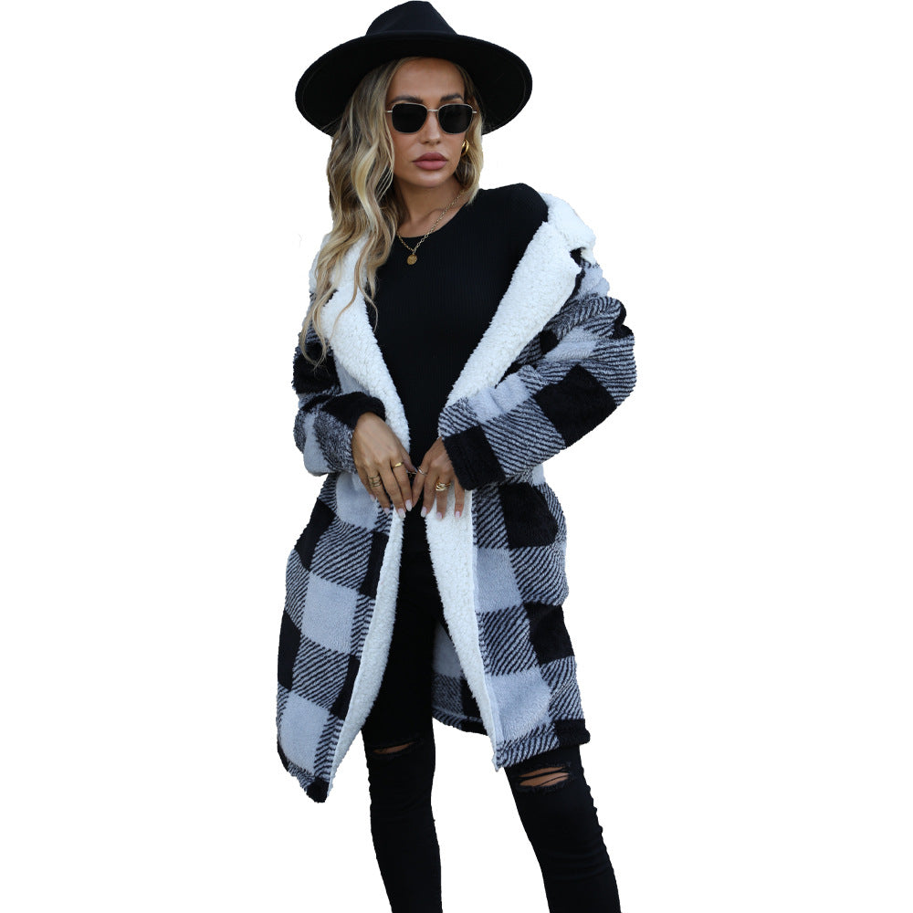 Women's autumn clothing lapel long sleeve buckle-free Plaid long loose cardigan double-sided casual coat