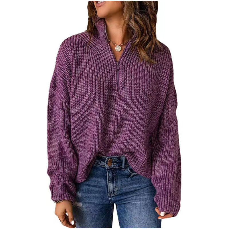 Autumn and winter sweater half-open collar solid color zipper pullover fashion women's knitted blouse