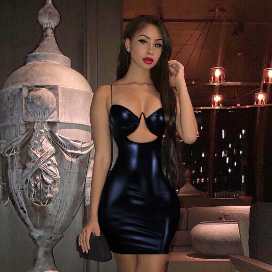 Summer new sexy ladies hip wrap PU leather women's dress dress pure desire