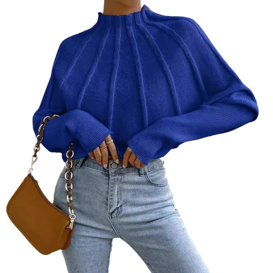 New half turtleneck pure color all-matching knitted pullover batwing-sleeve sweater outerwear women