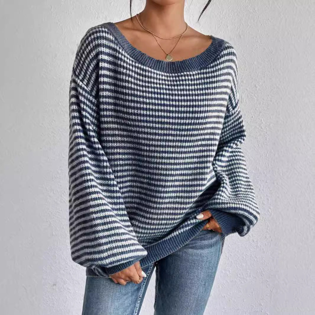 Off-the-shoulder sweater all-match loose contrast color striped lantern sleeve lazy sweater women