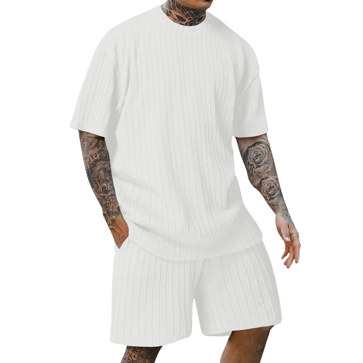 Men's sports solid color round neck pullover vertical T-shirt shorts short sleeves two-piece set
