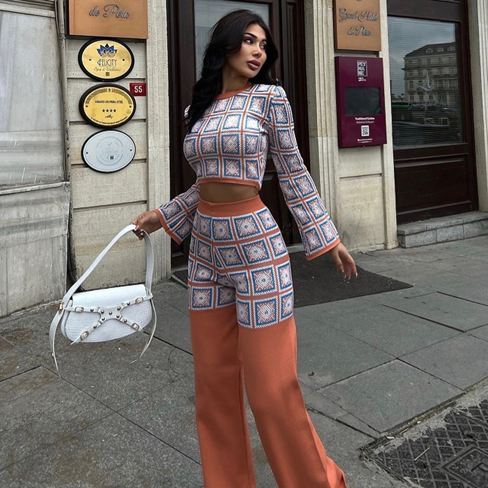 Autumn and Winter ethnic style printed grid long sleeve short top high waist straight-leg pants suit