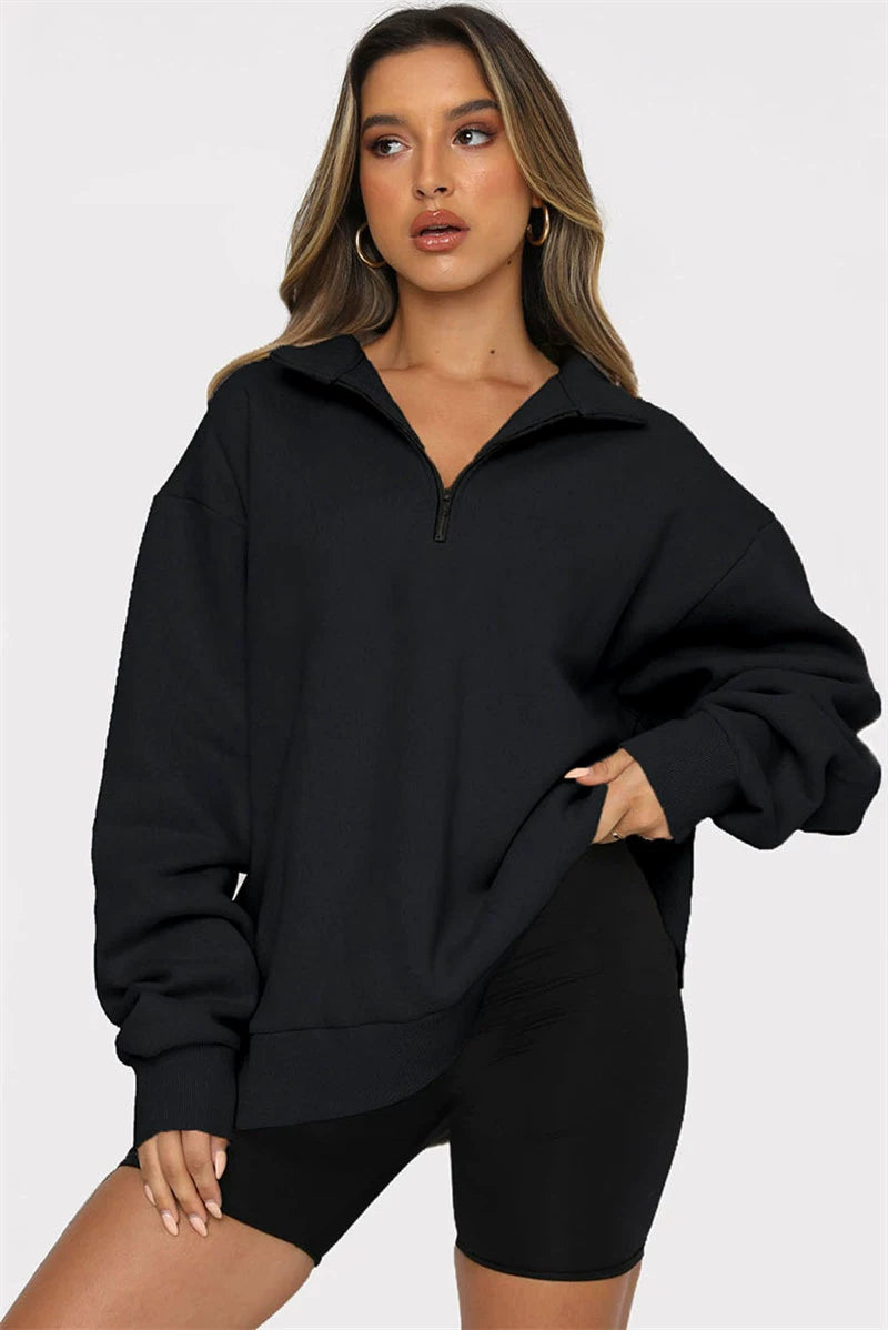 Autumn winter casual loose women hoodie zipper pullover sweater