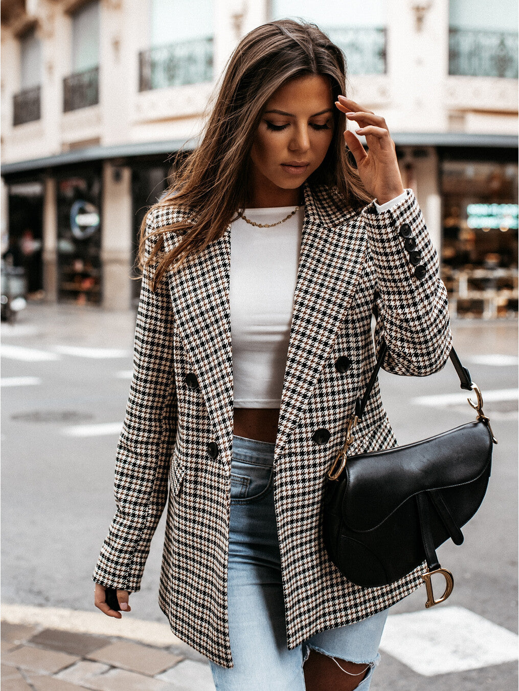 Women's jacket new autumn and winter plaid long suit jacket