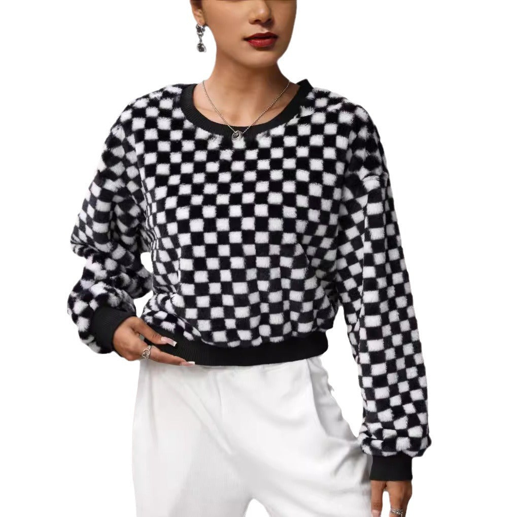 Autumn and winter women's loose round neck black and white plaid long sleeve plush pullover sweater