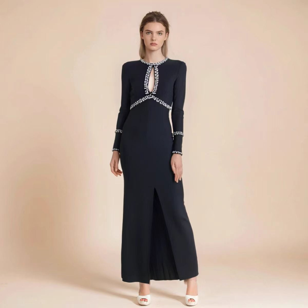 Autumn Winter Diamond Studded Hollow Waist Bandage Dress