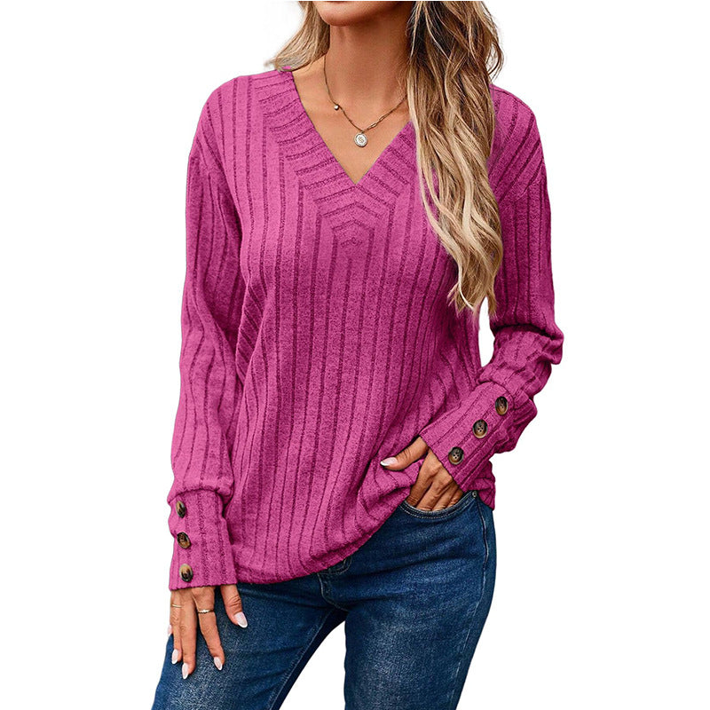 2024 autumn and winter women's long sleeve V-neck shirt solid color buttons T-shirt