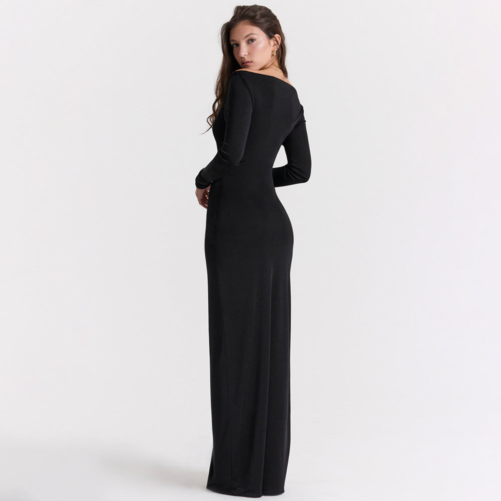 Sexy cutout long sleeve split long dress off-shoulder black dress elegant dress