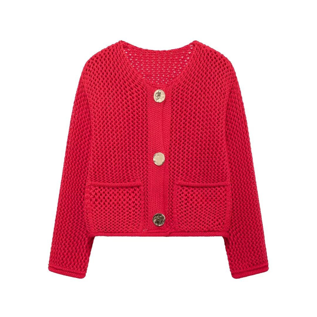 Women's autumn winter round neck hollow out thick needle long sleeve sweater coat