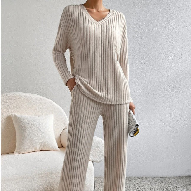 Autumn new fashion casual straight-leg pants temperament loose V-neck pit strip knitted cover