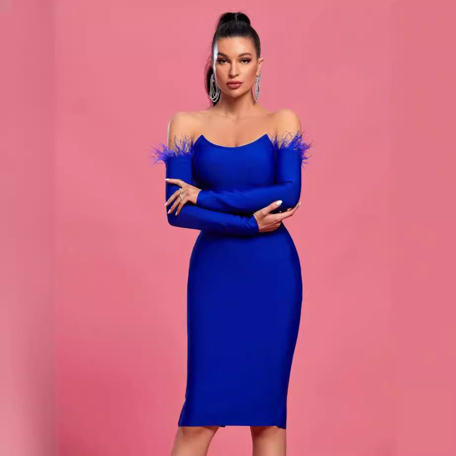 Sexy Off-Neck Bandage Dresses Feather Stitching Tight Dress