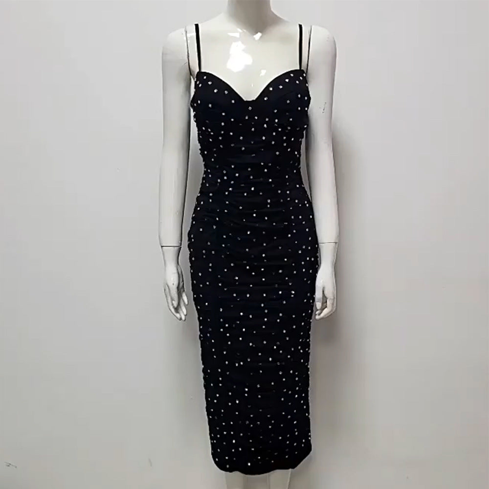 Straps Tulle Hot Drilling Elegant Pleated Bandage Dress