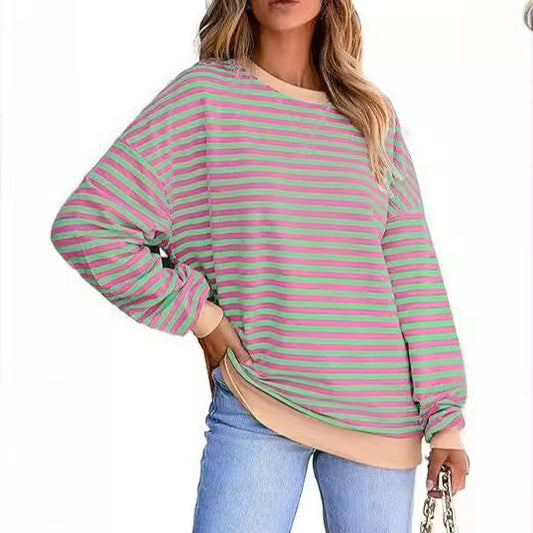 Contrast Color Women's oversized sports casual round neck. Long sleeve color matching. Striped top.