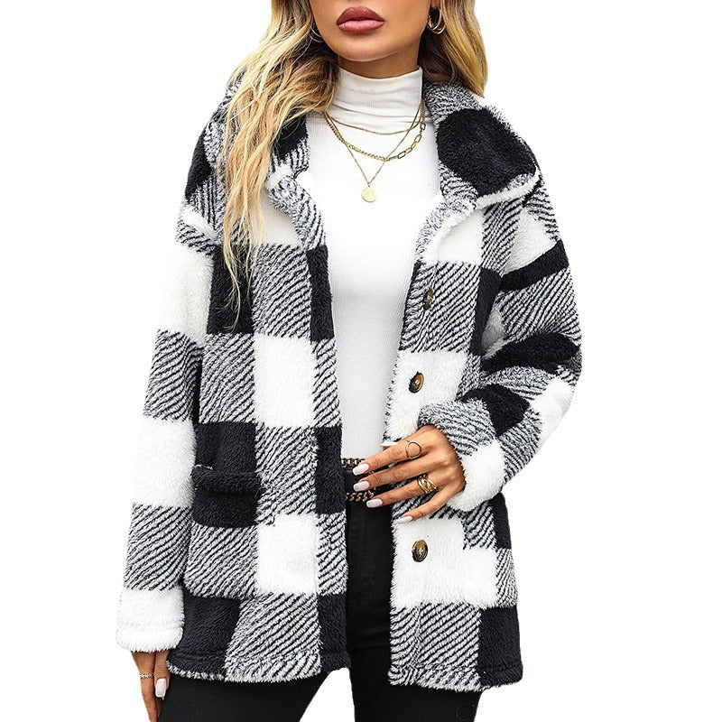 Autumn and winter women's lapel long sleeve mid-length Plaid single-breasted double-sided velvet casual jacket