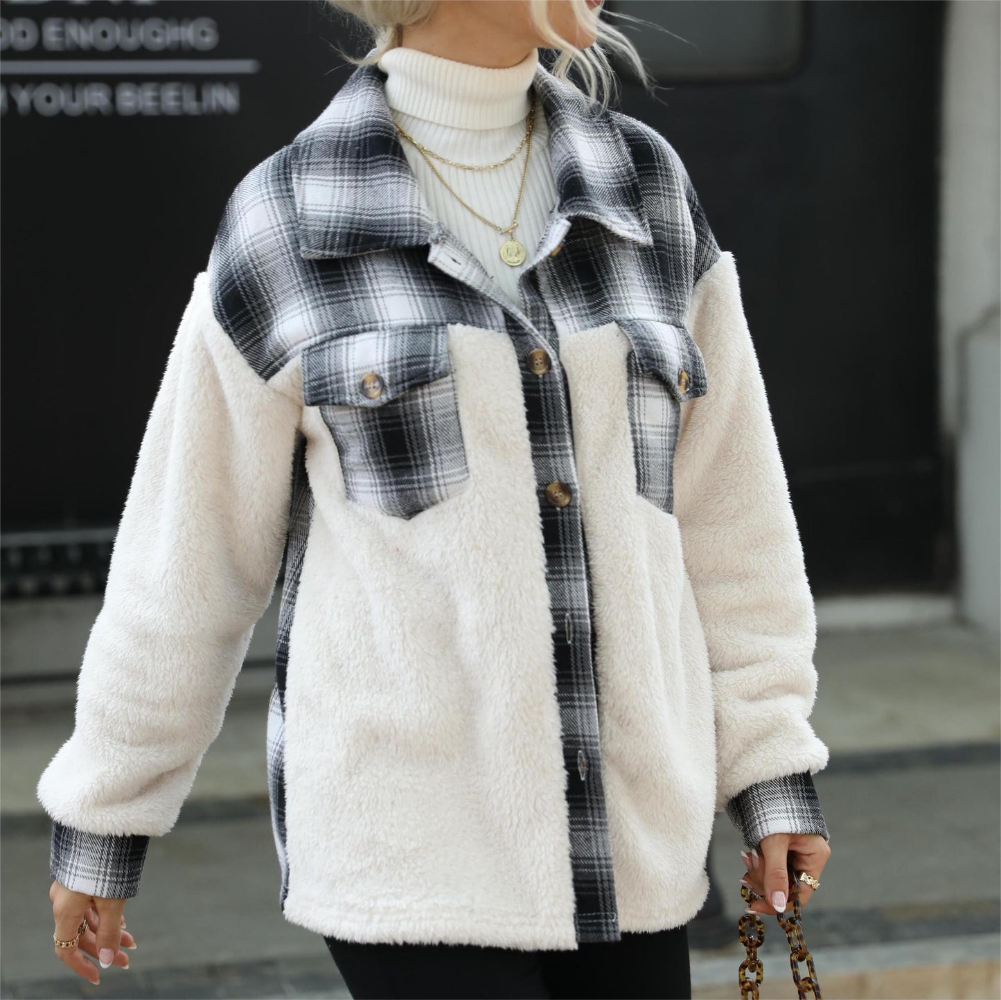 Women's double-sided velvet Plaid stitching single-breasted cardigan pocket long sleeve coat