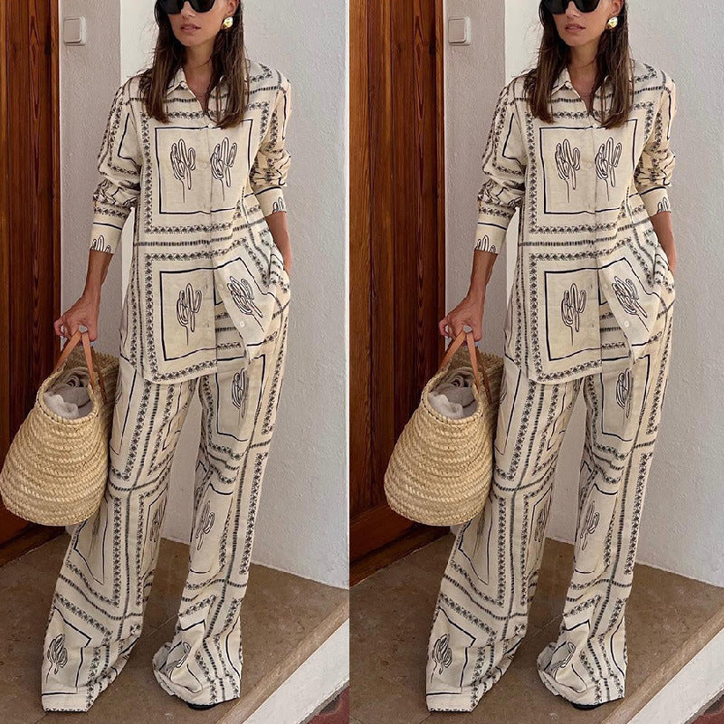New printed long-sleeved shirt + trousers two-piece set loungewear