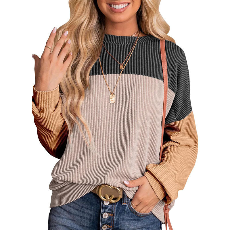 New independent station Europe and America cross border women's clothing color matching casual loose sweater pullover top T-shirt