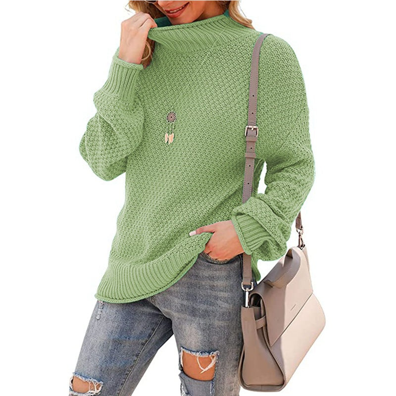 Women's sweater half turtleneck large size sweater bat long sleeve pullover loose solid color sweater
