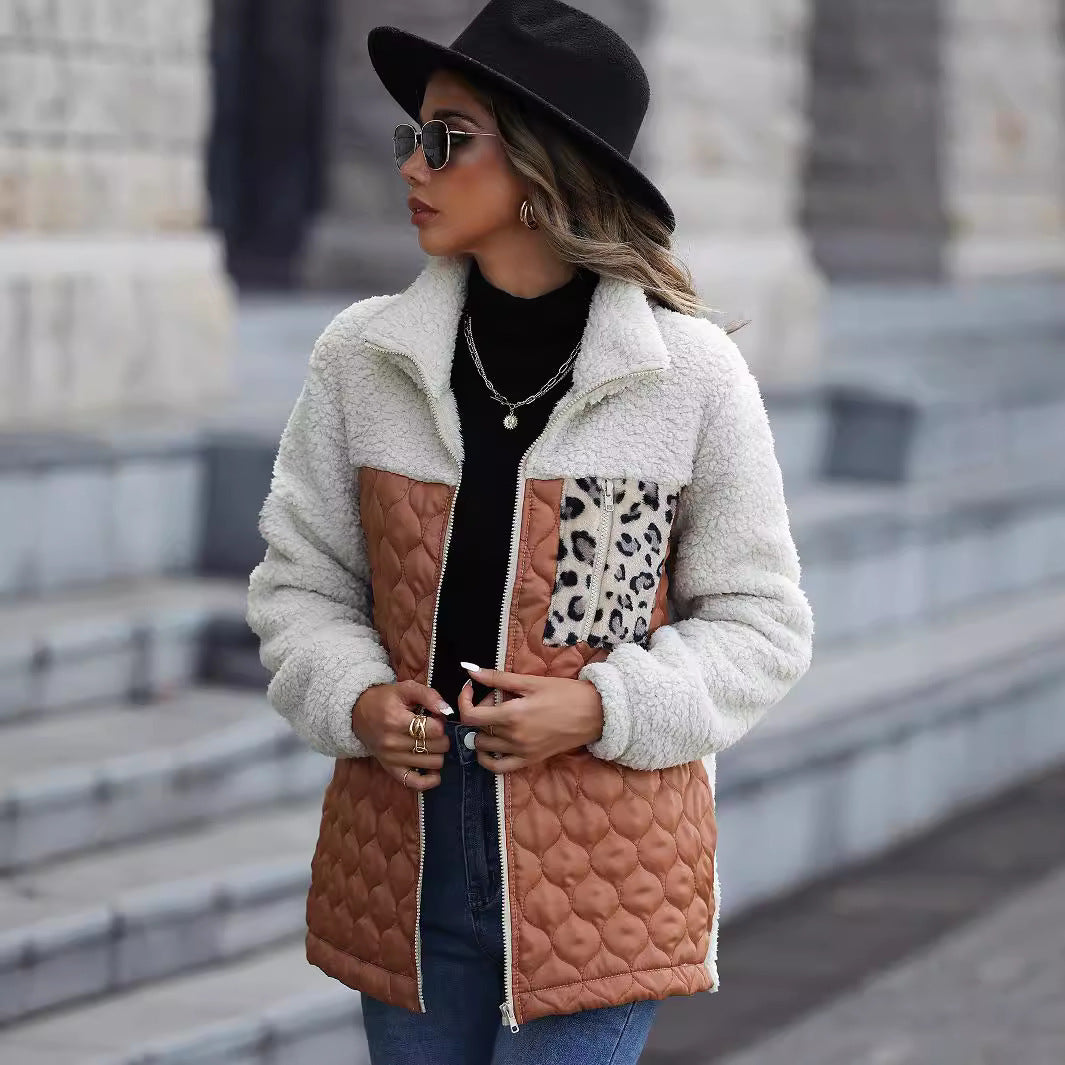 Casual plush women's long-sleeved loose round neck stitching zipper animal pattern double-sided fleece jacket（2025）