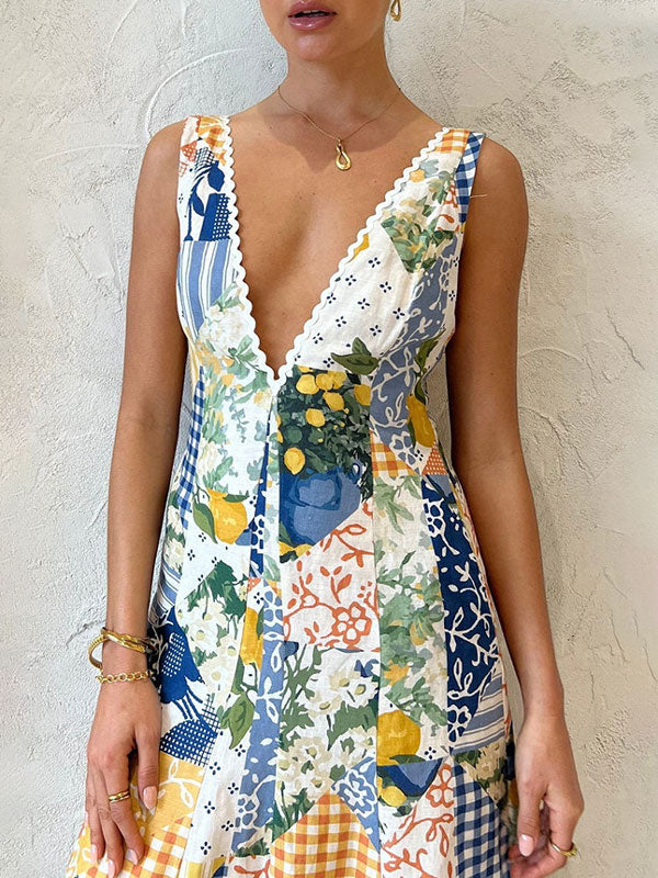 Lemon Print Lace Trim Long Dress