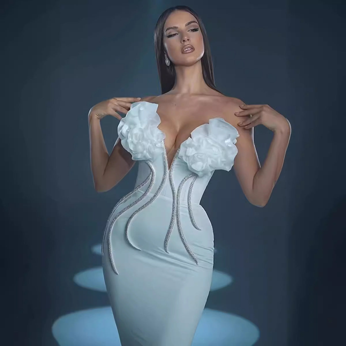 Bandage Dress Evening Gown Flower Diamond Chain Fish Tail Strapless