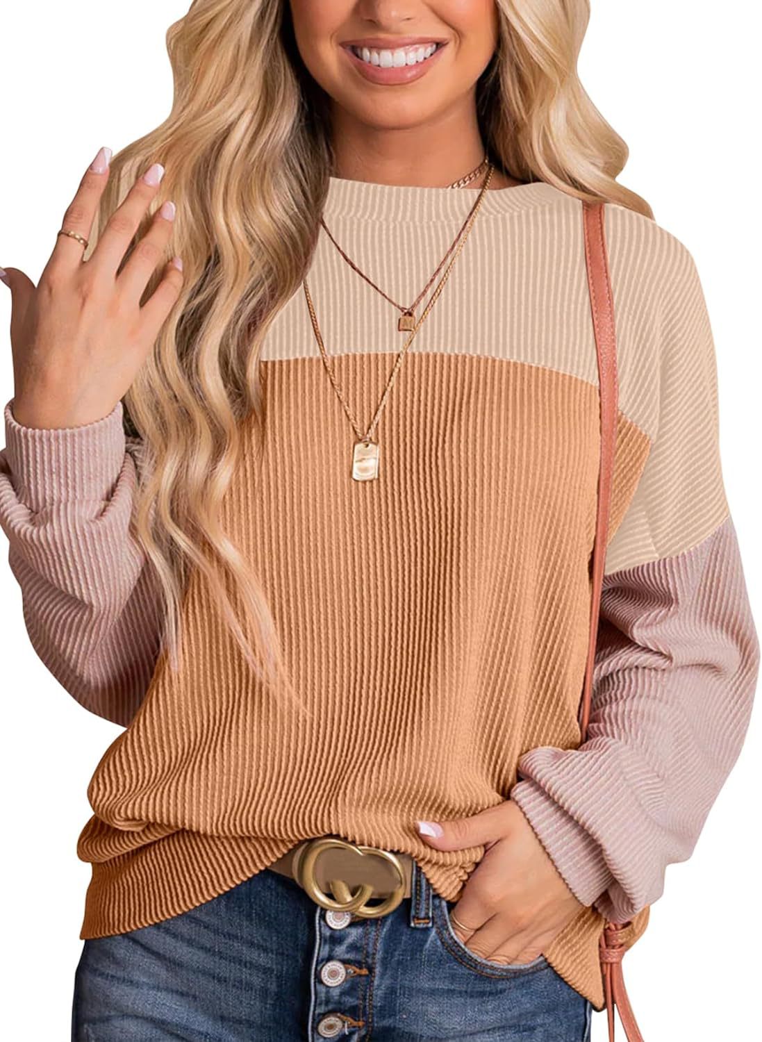 New independent station Europe and America cross border women's clothing color matching casual loose sweater pullover top T-shirt