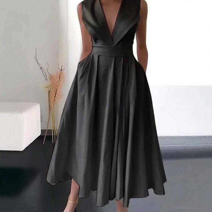 Summer sleeveless waist pocket pendulum medium and long solid color dress