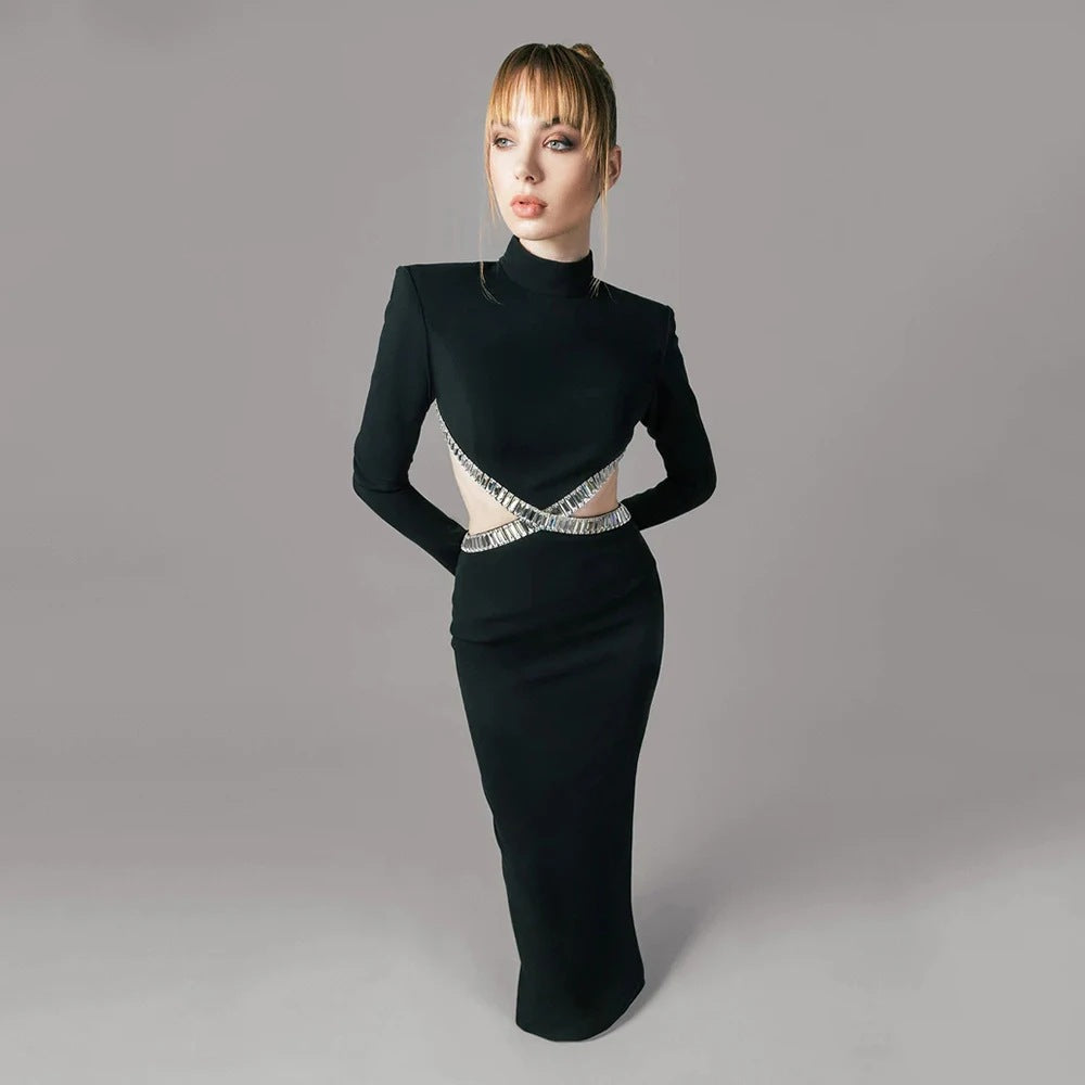 Black Bandage Dress Sexy Long Sleeve Hollow Diamond Slim
