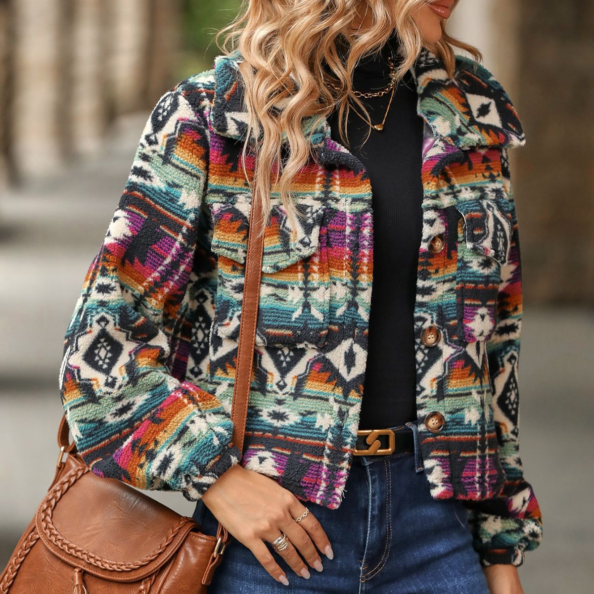 Autumn and Winter new women's clothing boho ethnic print loose long sleeve short coat women