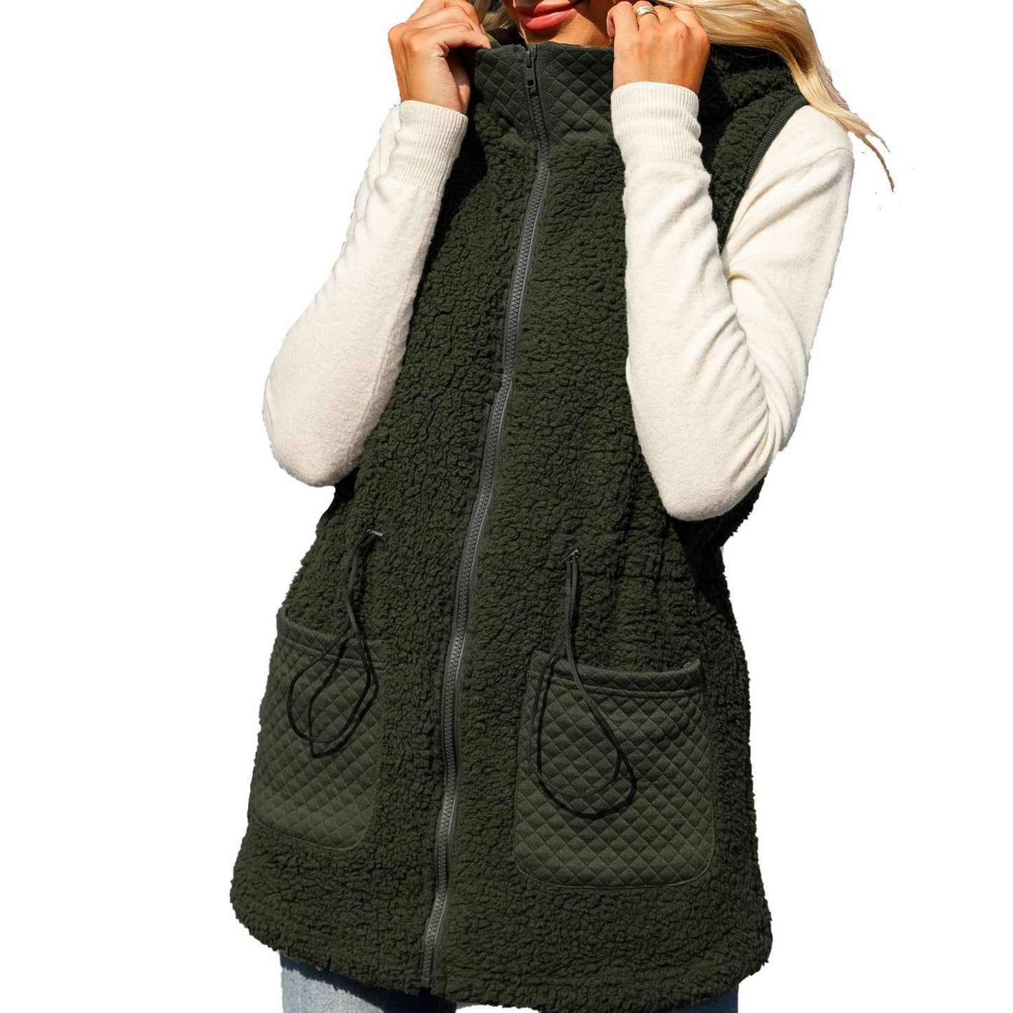 Autumn women's hooded sleeveless zipper mid-length solid color adjustable waist bubble velvet vest