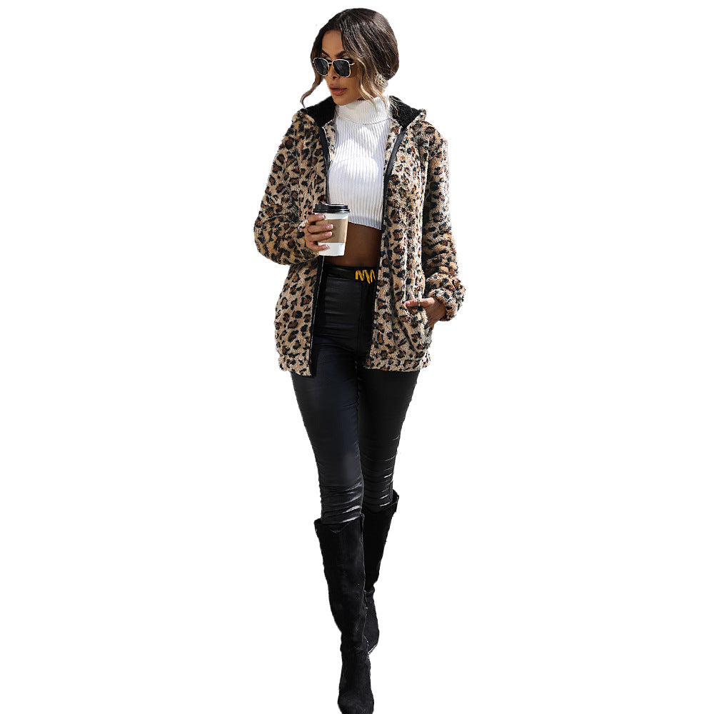 Women's leopard print stud for autumn and winter printed hooded loose zip plush cardigan jacket