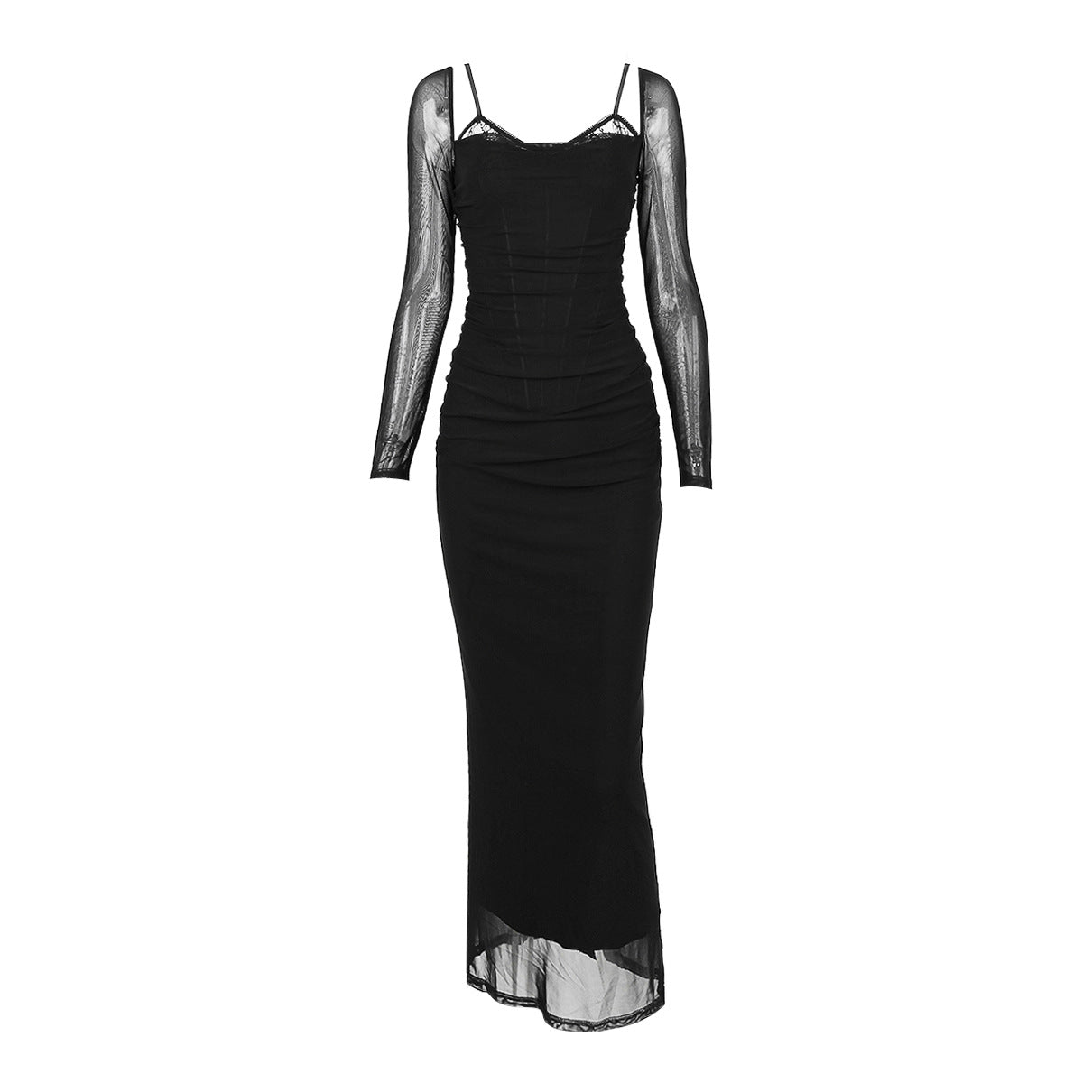 Mesh Long Sleeve Fishbone Slim Sheath Slit Midi Sexy Black Dress