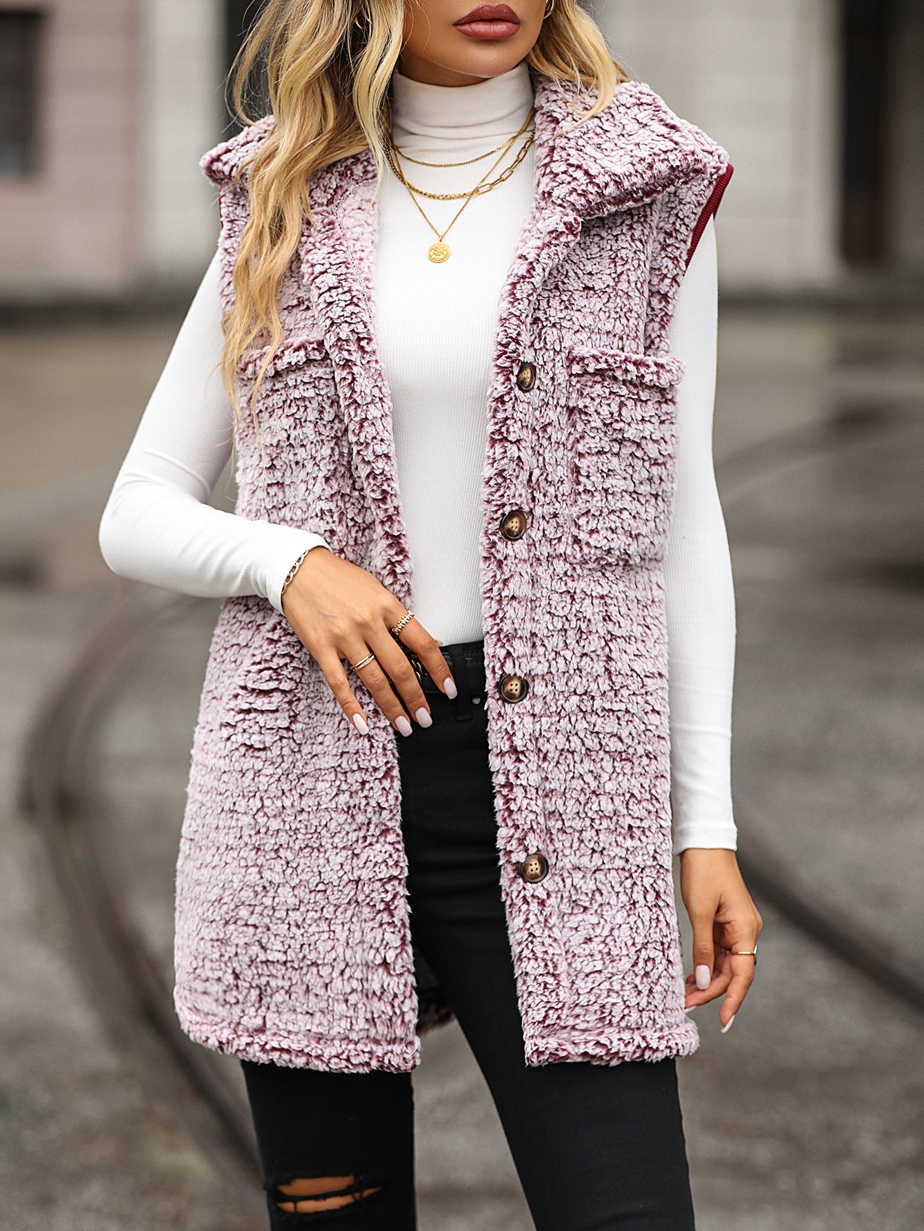 Autumn winter women's wear lapel sleeveless long loose casual faded bubble velvet cardigan vest