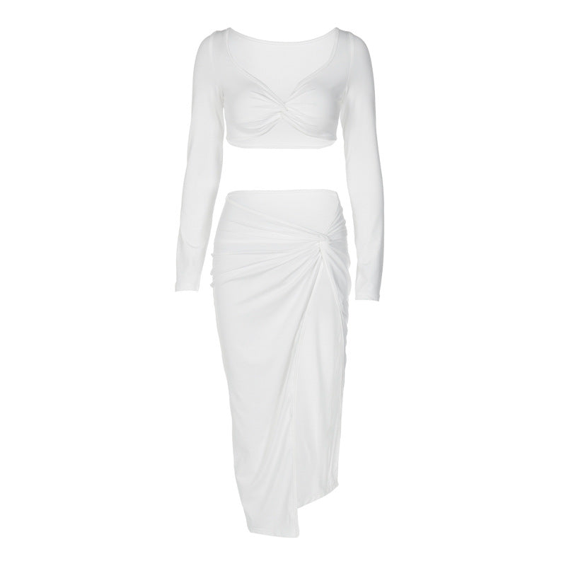V-neck women's new sexy tight high-waisted split skirt two-piece set