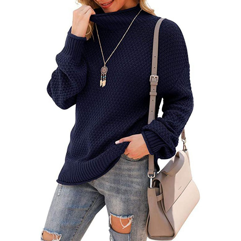 Women's sweater half turtleneck large size sweater bat long sleeve pullover loose solid color sweater