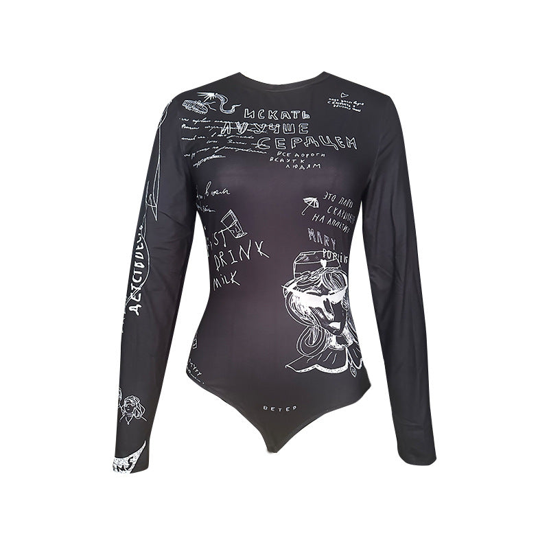 New crew neck long-sleeved fashion printed slim-fitting versatile onesie in stock