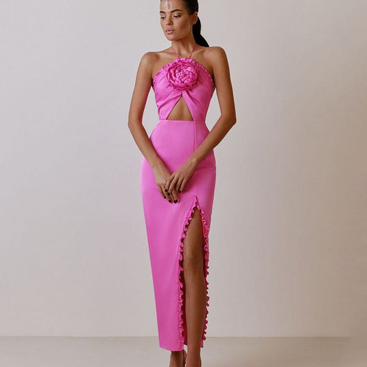 Evening Gown Halter Off-The-Shoulder 3D Rose Split Dress Party